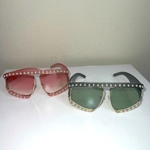 Women's 2 Sunglasses Fashion Green Pink Lens Retro Oversized Ladies Inlaid Pearl